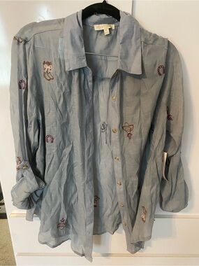 Western Country Cowgirl Light Blue Embroidered Button-Up Shirt